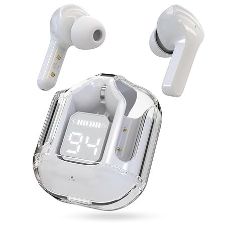 White Wireless Earbuds with LED Display Transparent Charging Case
